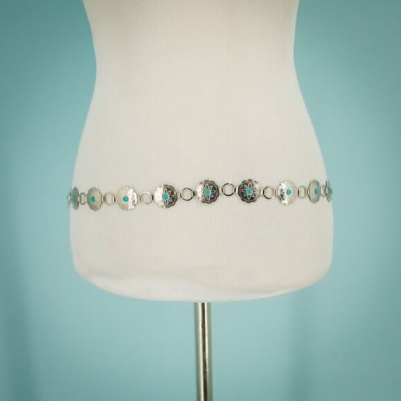 Silver Tone Carved Etched Metal Turquoise Cabochon Chain Southwest Style Belt main image 4
